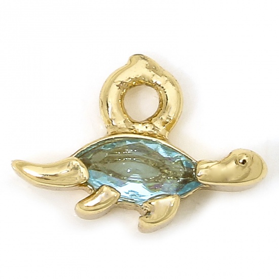 Picture of 1 Piece Eco-friendly Brass Charms 18K Real Gold Plated Dinosaur Animal Light Blue Rhinestone 10mm x 7mm