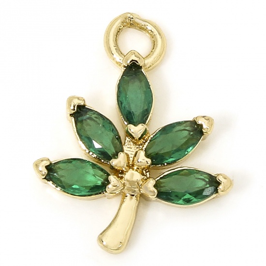 Immagine di 1 Piece Eco-friendly Brass Charms 18K Real Gold Plated Leaf Green Rhinestone 14mm x 11mm