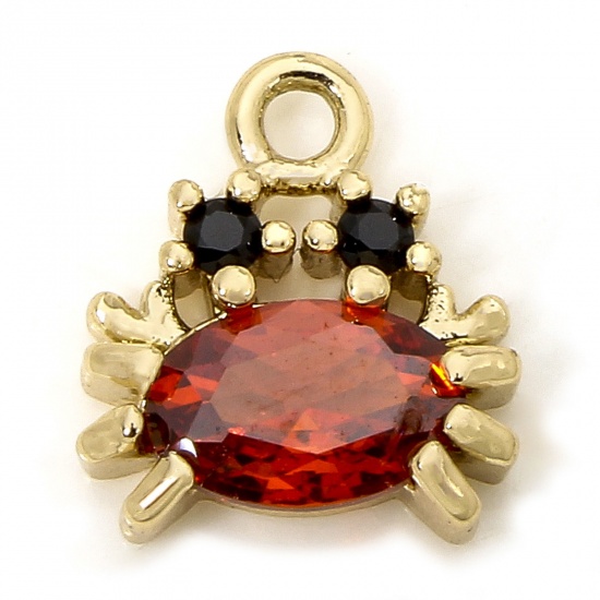 Picture of 1 Piece Eco-friendly Brass Ocean Jewelry Charms 18K Real Gold Plated Crab Animal Wine Red Rhinestone 9.5mm x 8.5mm
