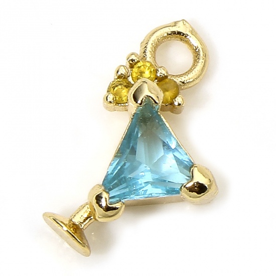 Picture of 1 Piece Eco-friendly Brass Charms 18K Real Gold Plated Wine Glass Light Blue Rhinestone 12mm x 9mm