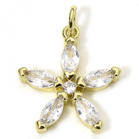 Immagine di 1 Piece Eco-friendly Brass Charms 18K Real Gold Plated Flower Clear Rhinestone 22mm x 17mm