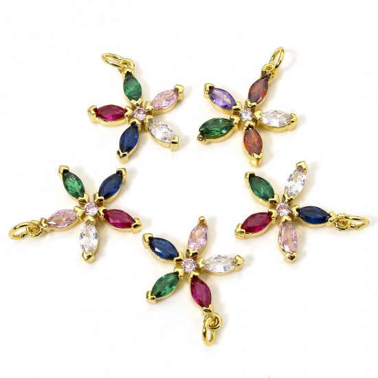 Immagine di 1 Piece Eco-friendly Brass Charms 18K Real Gold Plated Flower Multicolor Rhinestone 22mm x 17mm