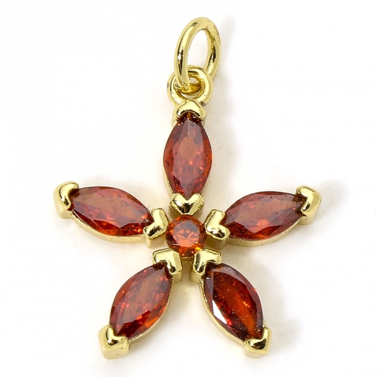 Immagine di 1 Piece Eco-friendly Brass Charms 18K Real Gold Plated Flower Wine Red Rhinestone 22mm x 17mm