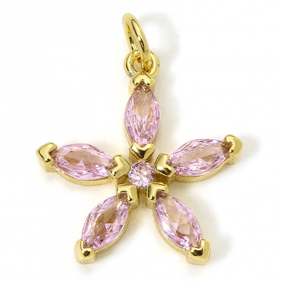 Immagine di 1 Piece Eco-friendly Brass Charms 18K Real Gold Plated Flower Pink Rhinestone 22mm x 17mm