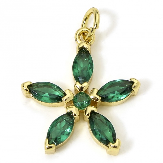 Immagine di 1 Piece Eco-friendly Brass Charms 18K Real Gold Plated Flower Green Rhinestone 22mm x 17mm