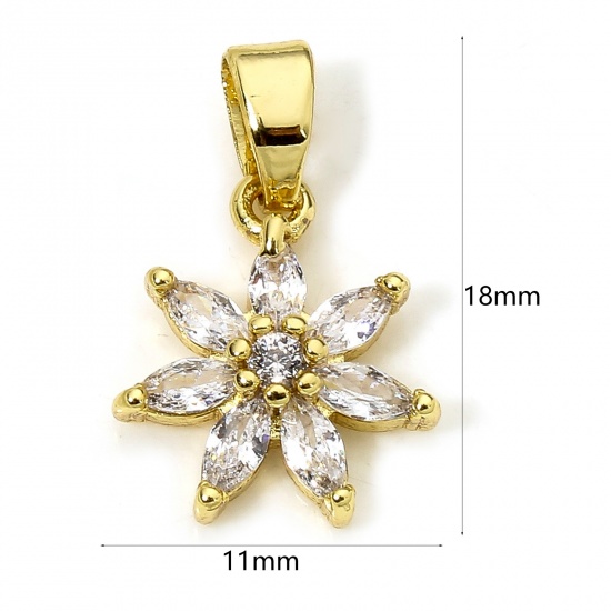 Bild von 1 Stück Umweltfreundlich Messing Charm-Anhänger 18K Echtgold plattiert Blumen Transparent Strass 18mm x 11mm