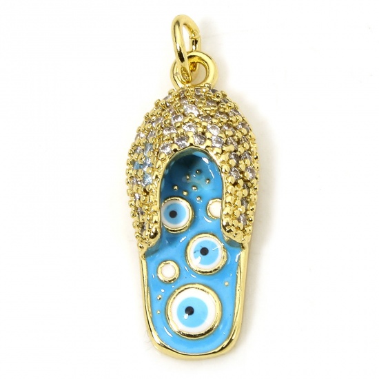 Picture of 1 Piece Eco-friendly Brass Charms 18K Real Gold Plated Blue Flip Flops Slipper Evil Eye Enamel 26mm x 10mm