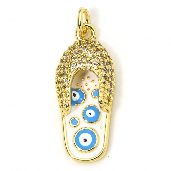 Picture of 1 Piece Eco-friendly Brass Charms 18K Real Gold Plated White Flip Flops Slipper Evil Eye Enamel 26mm x 10mm