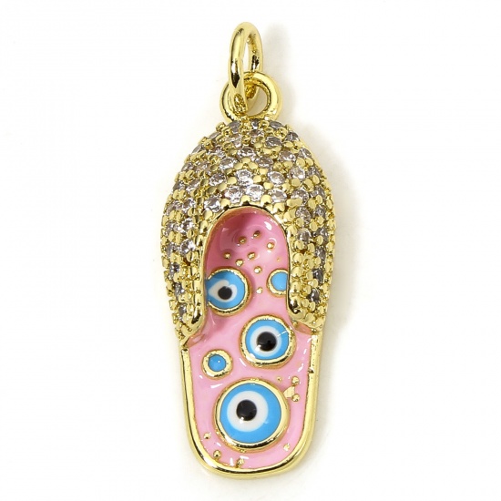 Picture of 1 Piece Eco-friendly Brass Charms 18K Real Gold Plated Pink Flip Flops Slipper Evil Eye Enamel 26mm x 10mm