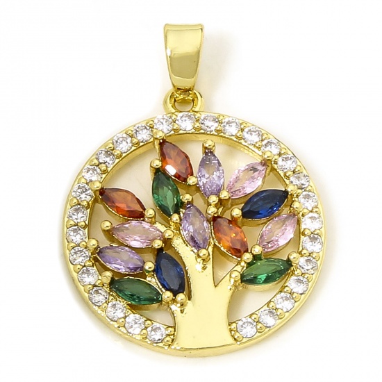 Picture of 1 Piece Brass Micro Pave Disc Charm Pendant 18K Gold Plated Round Tree Hollow Multicolor Rhinestone 26mm x 19mm