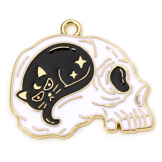 Picture of 10 PCs Zinc Based Alloy Halloween Charms Gold Plated Black & White Skeleton Skull Cat Enamel 25mm x 22mm