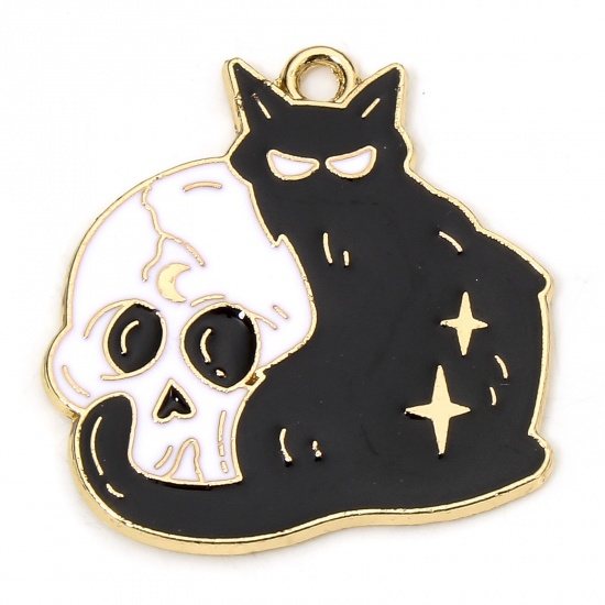 Picture of 10 PCs Zinc Based Alloy Halloween Charms Gold Plated Black & White Skeleton Skull Cat Enamel 25mm x 25mm