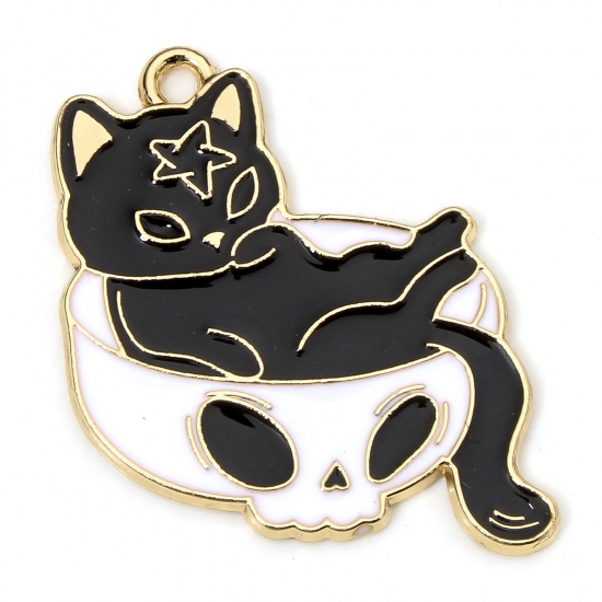 Picture of 10 PCs Zinc Based Alloy Halloween Charms Gold Plated Black & White Skeleton Skull Cat Enamel 27mm x 25mm