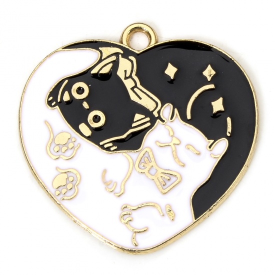 Picture of 10 PCs Zinc Based Alloy Halloween Charms Gold Plated Black & White Skeleton Skull Cat Enamel 26mm x 26mm