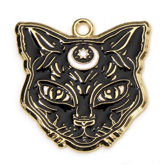 Picture of 10 PCs Zinc Based Alloy Halloween Charms Gold Plated Black & White Cat Enamel 25mm x 25mm