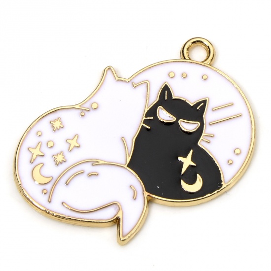 Picture of 10 PCs Zinc Based Alloy Halloween Charms Gold Plated Black & White Cat Enamel 25mm x 25mm