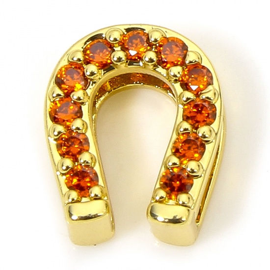 Picture of 1 Piece Hypoallergenic Brass Exquisite Beads For DIY Jewelry Making 18K Gold Plated Luck Horseshoe Micro Pave Orange-red Cubic Zirconia About 8.5mm x 7mm, Hole: Approx 6mm