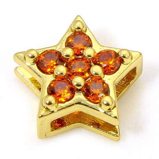 Picture of 1 Piece Hypoallergenic Brass Exquisite Beads For DIY Jewelry Making 18K Gold Plated Pentagram Star Micro Pave Orange-red Cubic Zirconia About 9mm x 8.5mm, Hole: Approx 5.5mm