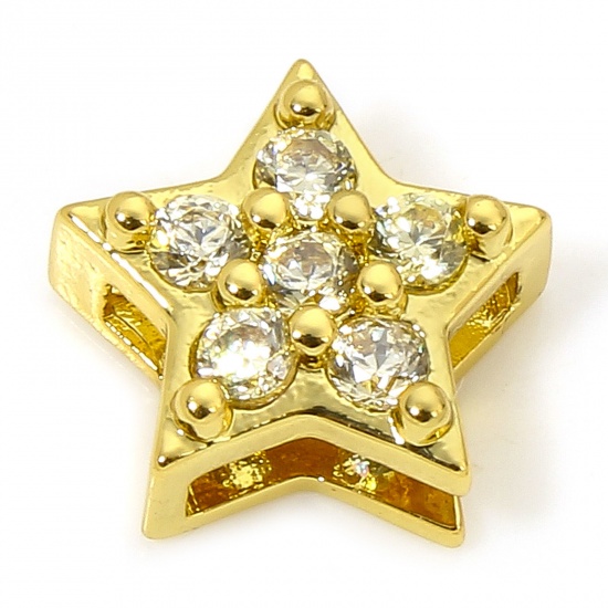 Picture of 1 Piece Hypoallergenic Brass Exquisite Beads For DIY Jewelry Making 18K Gold Plated Pentagram Star Micro Pave Yellow Cubic Zirconia About 9mm x 8.5mm, Hole: Approx 5.5mm