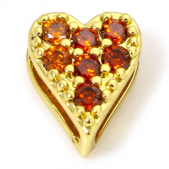 Picture of 1 Piece Hypoallergenic Brass Exquisite Beads For DIY Jewelry Making 18K Gold Plated Heart Micro Pave Orange-red Cubic Zirconia About 8.5mm x 7mm, Hole: Approx 7mm