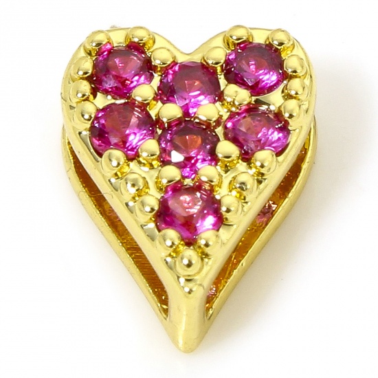 Picture of 1 Piece Hypoallergenic Brass Exquisite Beads For DIY Jewelry Making 18K Gold Plated Heart Micro Pave Fuchsia Cubic Zirconia About 8.5mm x 7mm, Hole: Approx 7mm