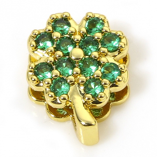 Picture of 1 Piece Hypoallergenic Brass Exquisite Beads For DIY Jewelry Making 18K Gold Plated Flower Micro Pave Green Cubic Zirconia About 8.5mm x 7mm, Hole: Approx 5.5mm