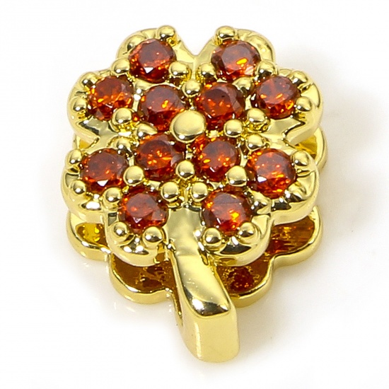 Picture of 1 Piece Hypoallergenic Brass Exquisite Beads For DIY Jewelry Making 18K Gold Plated Flower Micro Pave Orange-red Cubic Zirconia About 8.5mm x 7mm, Hole: Approx 5.5mm