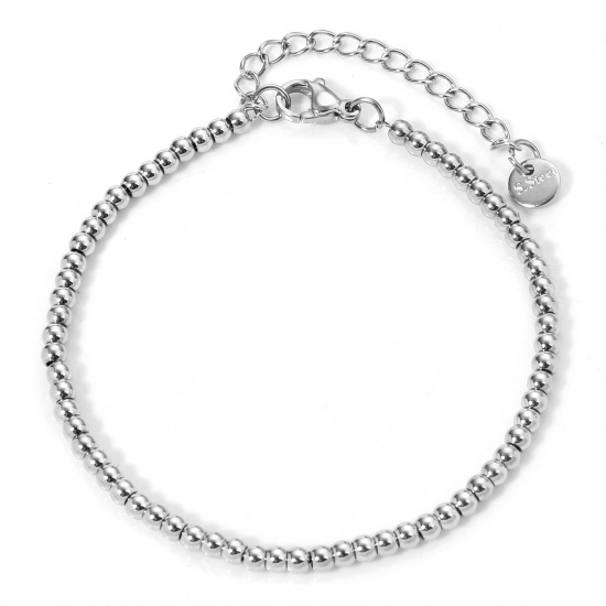Picture of 1 Piece 304 Stainless Steel Beaded Chain Bracelets Silver Tone With Lobster Claw Clasp And Extender Chain 17cm(6 6/8") long