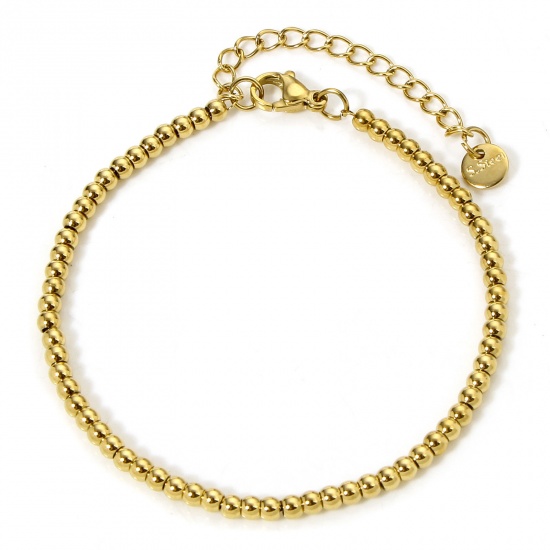 Picture of 1 Piece Vacuum Plating 304 Stainless Steel Beaded Chain Bracelets 18K Gold Color With Lobster Claw Clasp And Extender Chain 17cm(6 6/8") long