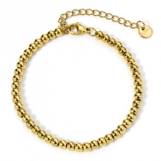 Picture of 1 Piece Vacuum Plating 304 Stainless Steel Beaded Chain Bracelets 18K Gold Color With Lobster Claw Clasp And Extender Chain 16cm(6 2/8") long