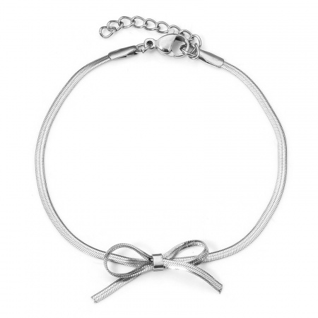 Picture of Wholesale Bowknot 304 Stainless Steel Flat Snake Chain Bracelets, Silver Tone Women's Dainty Gift Jewelry Supply, 16cm(6.3") long, 1 Piece