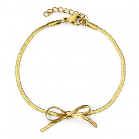 Picture of Wholesale Bowknot 304 Stainless Steel Flat Snake Chain Bracelets, 18K Gold Plated Vacuum Plating, Women's Dainty Gift Jewelry Supply, 16cm(6.3") long, 1 Piece