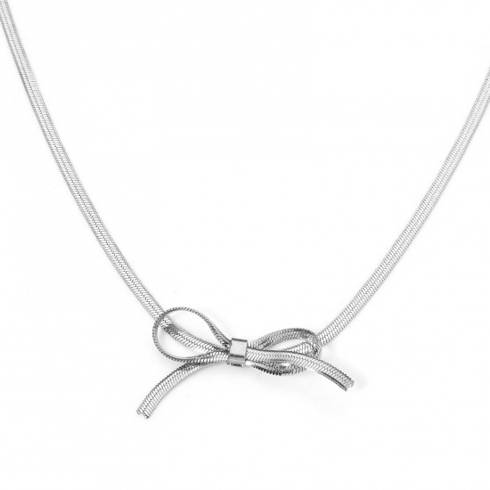 Picture of 1 Piece 304 Stainless Steel Snake Chain Necklace Silver Tone Bowknot With Lobster Claw Clasp And Extender Chain 32.5cm(12 6/8") long
