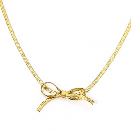 Picture of 304 Stainless Steel Flat Snake Chain Necklace Bowknot With Lobster Claw Clasp And Extender Chain 32.5cm(12 6/8