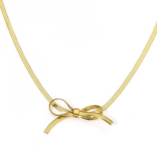 Immagine di 1 Piece Vacuum Plating 304 Stainless Steel Snake Chain Necklace 18K Gold Color Bowknot With Lobster Claw Clasp And Extender Chain 32.5cm(12 6/8") long