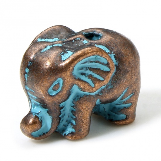 Immagine di 20 PCs Zinc Based Alloy Patina Spacer Beads For DIY Charm Jewelry Making Antique Copper Blue Elephant Animal About 13mm x 9.5mm, Hole: Approx 1.4mm