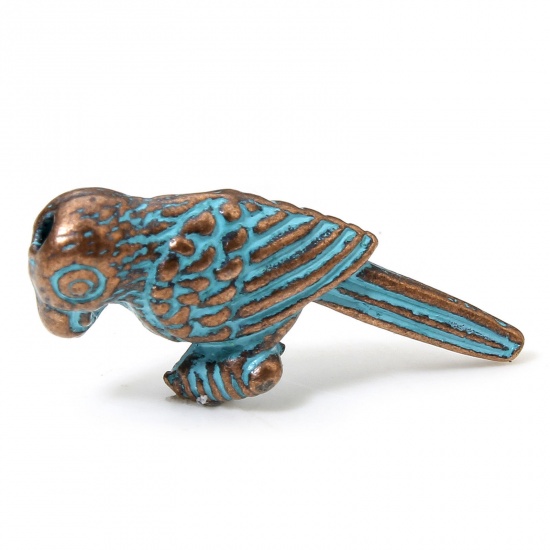 Picture of 20 PCs Zinc Based Alloy Patina Spacer Beads For DIY Charm Jewelry Making Antique Copper Blue Parrot Animal About 23mm x 10mm, Hole: Approx 1.4mm
