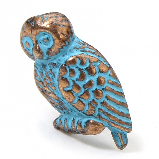 Изображение 20 PCs Zinc Based Alloy Patina Spacer Beads For DIY Charm Jewelry Making Antique Copper Blue Owl Animal About 16mm x 8mm, Hole: Approx 1.4mm