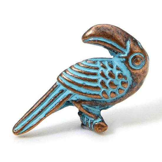 Picture of 20 PCs Zinc Based Alloy Patina Spacer Beads For DIY Charm Jewelry Making Antique Copper Blue Bird Animal About 20mm x 12mm, Hole: Approx 1.4mm