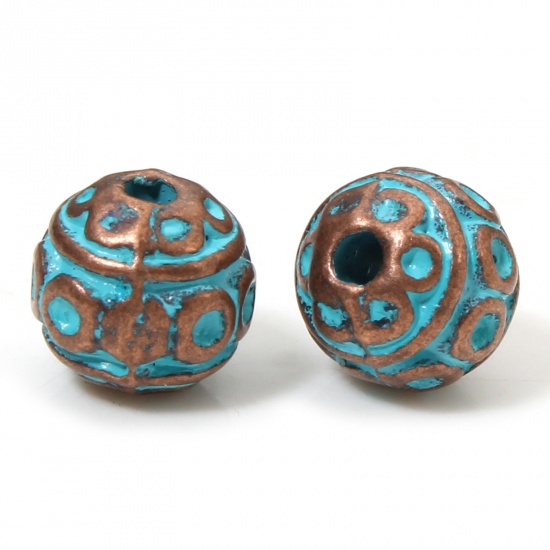 Изображение 20 PCs Zinc Based Alloy Patina Spacer Beads For DIY Charm Jewelry Making Antique Copper Blue Round About 8mm Dia., Hole: Approx 1.8mm