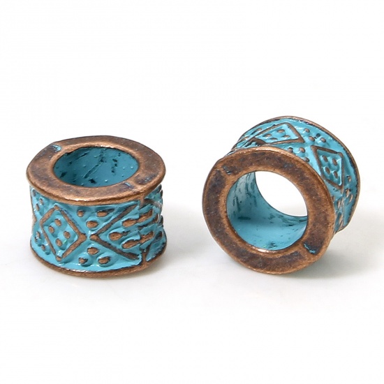 Immagine di 20 PCs Zinc Based Alloy Patina Spacer Beads For DIY Charm Jewelry Making Antique Copper Blue Cylinder About 8mm x 6mm, Hole: Approx 4.6mm
