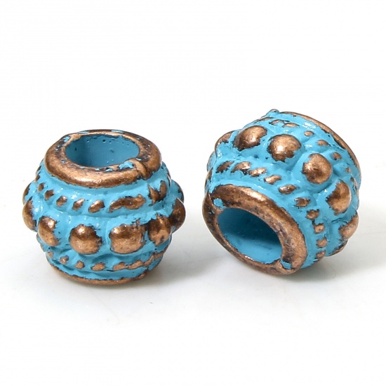 Изображение 20 PCs Zinc Based Alloy Patina Spacer Beads For DIY Charm Jewelry Making Antique Copper Blue Drum About 8mm x 7mm, Hole: Approx 3.4mm