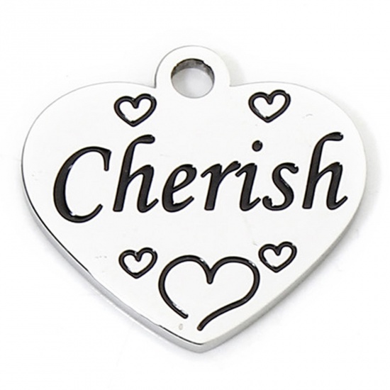 Immagine di 1 Piece 304 Stainless Steel Charms Silver Tone Heart Message " Cherish " Corrosion 20mm x 19mm