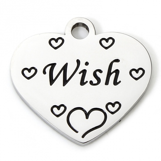 Immagine di 1 Piece 304 Stainless Steel Charms Silver Tone Heart Message " Wish " Corrosion 20mm x 19mm