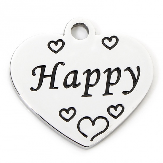 Immagine di 1 Pz 304 Acciaio Inossidabile Ciondoli Cuore Tono Argento Messaggio " Happy " Corrosione 20mm x 19mm