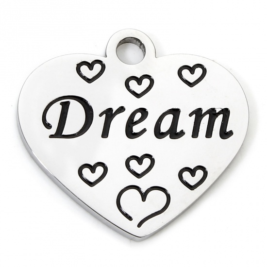 Immagine di 1 Pz 304 Acciaio Inossidabile Ciondoli Cuore Tono Argento Messaggio " Dream " Corrosione 20mm x 19mm