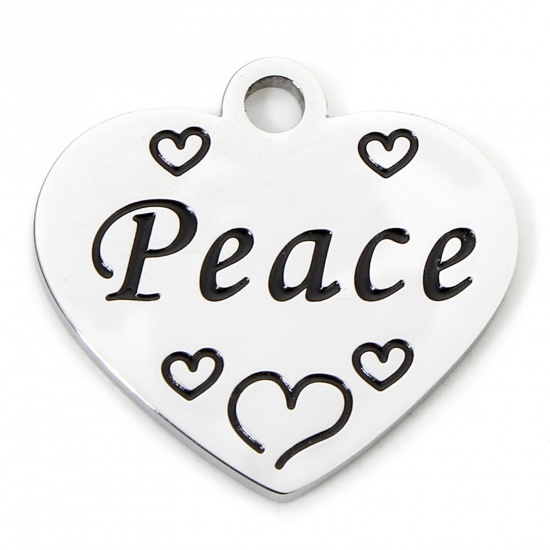 Immagine di 1 Piece 304 Stainless Steel Charms Silver Tone Heart Message " Peace " Corrosion 20mm x 19mm