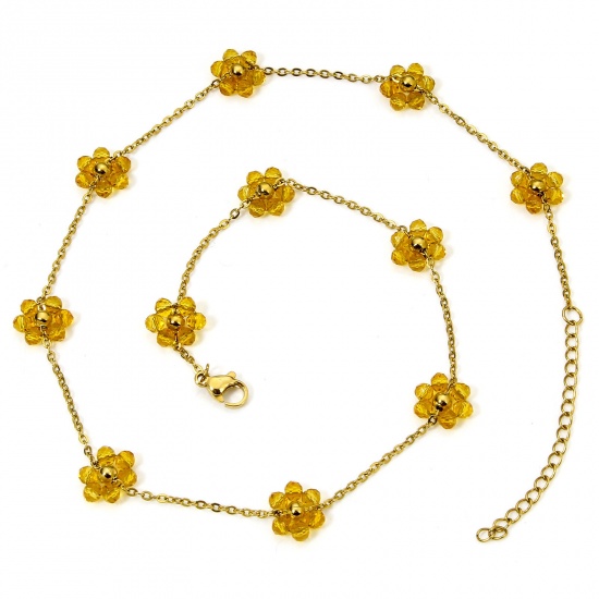 Image de 1 Pièce Colliers Chaîne Perlée en 304 Acier Inoxydable Placage sous Vide PVD Respectueux de l'Environnement Plaqué Or 18K Jaune Fleurs avec Fermoir Mousqueton et Chaîne d'Extension 39cm Long