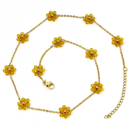 Immagine di 1 Pz Placcatura Sottovuoto 304 Acciaio Inossidabile Catena di Perline Collana Placcato Oro 18K Giallo Fiore Con Aragosta Fermagli Fibbia e Catena di Estensione 39cm Lunghezza