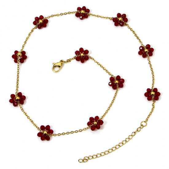 Image de 1 Pièce Colliers Chaîne Perlée en 304 Acier Inoxydable Placage sous Vide PVD Respectueux de l'Environnement Plaqué Or 18K Rouge Foncé Fleurs avec Fermoir Mousqueton et Chaîne d'Extension 39cm Long